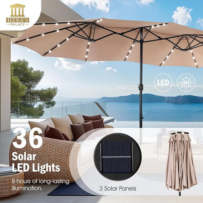 15ft Patio Umbrella with Solar lights & Base, Large Umbrellas, Beige | HERA'S PALACE Rectangle Double Market Umbrella with 36 LED Lights, Big Outdoor Umbrellas for Pool Picnic Inground Yard Deck