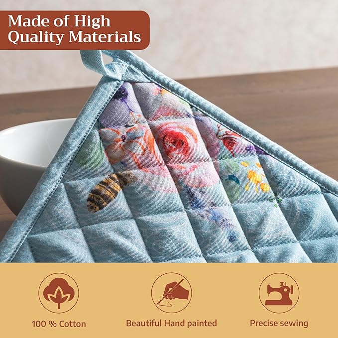 Maison d' Hermine Pot Holders 100% Cotton Heat Resistant Potholders 8" x 8" Hot Pads with Loop BBQ Cooking Baking Hotel Farmhouse Kitchen Handling Hot Pans Spring Summer (Pack of 2, Ibiza - Blue)
