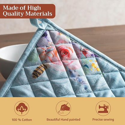 Maison d' Hermine Pot Holders 100% Cotton Heat Resistant Potholders 8" x 8" Hot Pads with Loop BBQ Cooking Baking Hotel Farmhouse Kitchen Handling Hot Pans Spring Summer (Pack of 2, Ibiza - Blue)