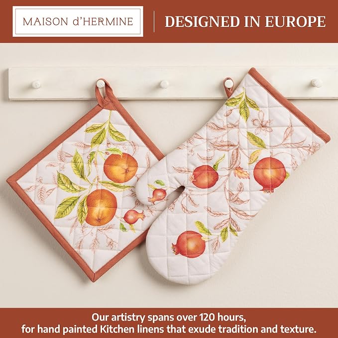 Maison d' Hermine 100% Cotton Oven Mitt & Pot Holder Set (7.5"x13" & 8"x8") | Heat Resistant BBQ Cooking Gloves with Loop Baking Grilling Kitchen Home Farmhouse Thanksgiving Christmas - Vintage Harvest