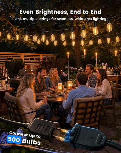 160FT(150+10) String Lights Outdoor, 2FT Bulb Spacing, Waterproof Shatterproof Warm White ST38 LED Edison Bulbs, Extension Cord, Plug in Connectable Hanging Patio Lights for Outside, Backyard