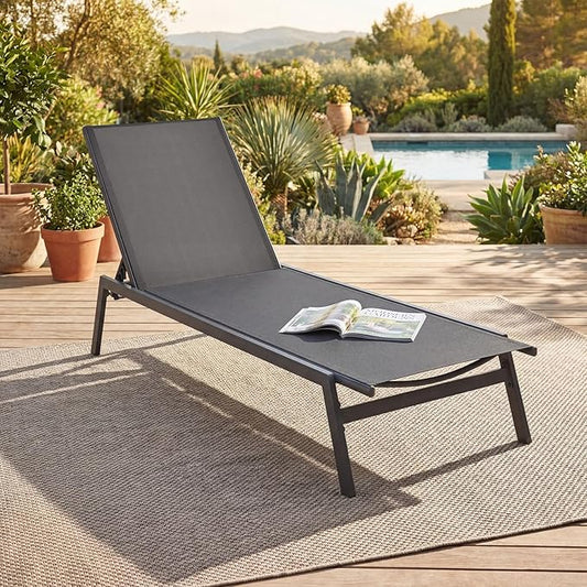 Tangkula Outdoor Chaise Lounge Chair, 6-Position Adjustable Reclining Chair with Breathable Fabric and Heavy Duty Steel Frame, Patio Lounge Chair for Garden, Backyard and Poolside (1, Gray)