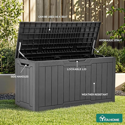 YITAHOME 80 Gallon Outdoor Storage Box, Large Waterproof Resin Deck Box, Indoor Outdoor Lockable Storage Container for Patio, Garden, Cushions, Tools, Equipment (Dark Gray)