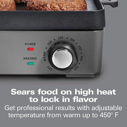 Hamilton Beach Professional Cast Iron Indoor Electric Grill & Griddle, 10" x 16" Preseasoned Cooking Surface, Adjustable Temperature up to 450° F, Black (38560)