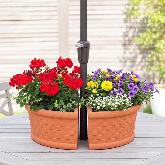 1 Set Patio Umbrella Planter Rustic 2 Pcs Half Round Planter 12" Cement Planters Half Circle Flower Pot for Patio Table Garden Home Plant Outdoor(Terracotta Color,Country Style)