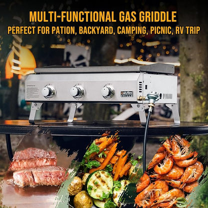 ONLYFIRE GRILLS Tabletop Gas Griddle 3 Burners, Propane Gas Stove, GS311 | Portable Flat Top Griddle for 1lb/20lb Propane, Outdoor Cooking Patio BBQ Camping Tailgating RV, Stainless Steel 24000BTU
