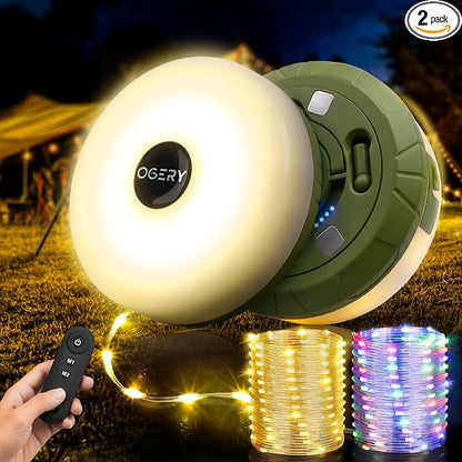 2-Pack Camping String Lights with Rmote, 4 in 1 Quick Storage 32.8FT | Rechargeable Fairy Tent Lights String 8 Modes, Portable Lantern LED Lamp for Outdoor Indoor Patio Yard Camping Essentials