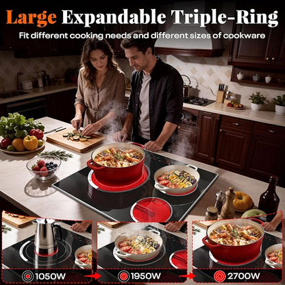 24 Inch Electric Cooktop, 3 Burner Built-in Ceramic Stove Top 220V-240V, 5700W Radiant Electric Cook Top with Touch Control, Timer, Safety Lock, 220V Hard Wired (No Plug)