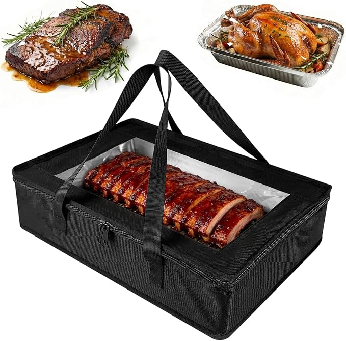 BANGIE BBQ Blankt for Resting Meat & 9x13 Foil Pan Carrier - Leakproof Insulated Casserole Transport Bag with Visual Window, Rigid Hard Bottom-Birthday Father's Day Grilling Gifts for Men, Dad, Black