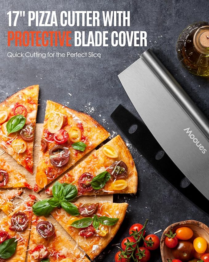 Mooues Pizza Peel Aluminum 17 inch Pizza Spatula with Rocker Cutter | Metal Pizza Paddle(12"x 17") Foldable Wood Handle, [Storage bag included], for Family Pizza Oven Baking Pizza, Dough& Pastry