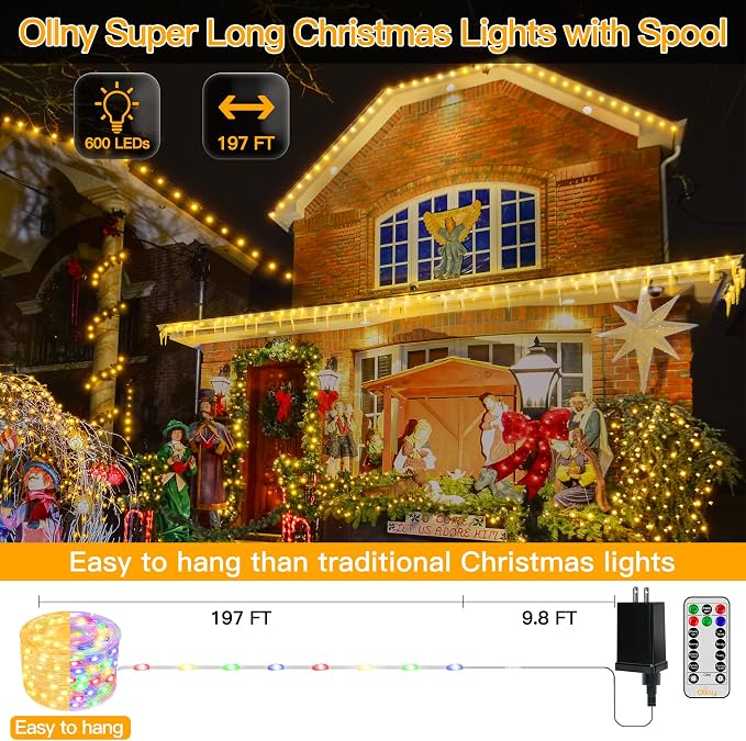 Ollny Christmas Lights Warm and Multicolor, 600LED 197FT Christmas Tree Lights IP67 Waterproof, Plug in Fairy Light with Remote 11 Modes Timer, Xmas Light for Outdoor Indoor House Holiday