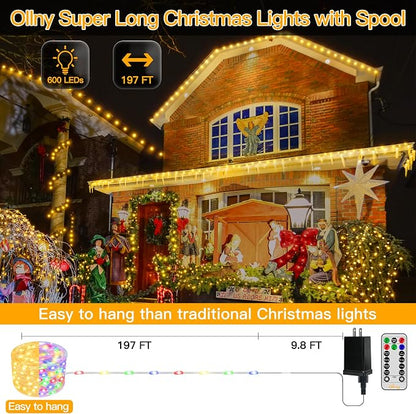 Ollny Christmas Lights Warm and Multicolor, 600LED 197FT Christmas Tree Lights IP67 Waterproof, Plug in Fairy Light with Remote 11 Modes Timer, Xmas Light for Outdoor Indoor House Holiday