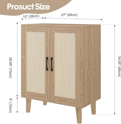 Panana Buffet Cabinet Sideboard with Rattan Decorated Doors Kitchen Storage Cupboard Accent Cabinet (Natural Wood)