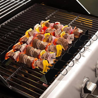 Kabob Skewers Rack Set of 2 - Stainless Steel BBQ Grill Rack with 6 Notch, Compatible with Wood/Bamboo/Round/Metal/Flat Skewers - Grilling Accessories (Pouch Included)