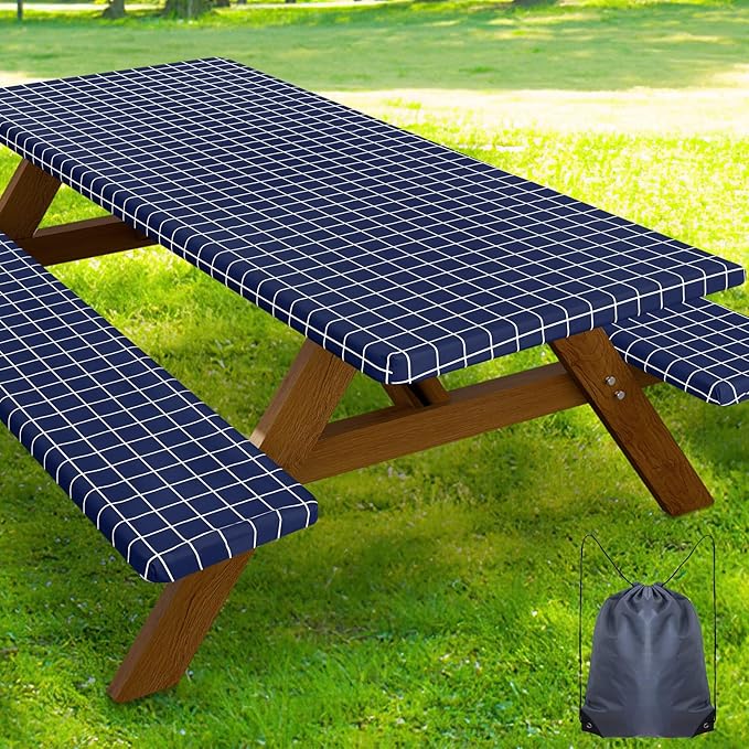 Smiry Picnic Table Cover with Bench Covers, Waterproof Elastic Fitted Tablecloth for 6 Foot Tables, Washable Polyester Tablecloths for Camping, Indoor & Outdoor (Navy & White, 30x72 Inch 3-pc Set)