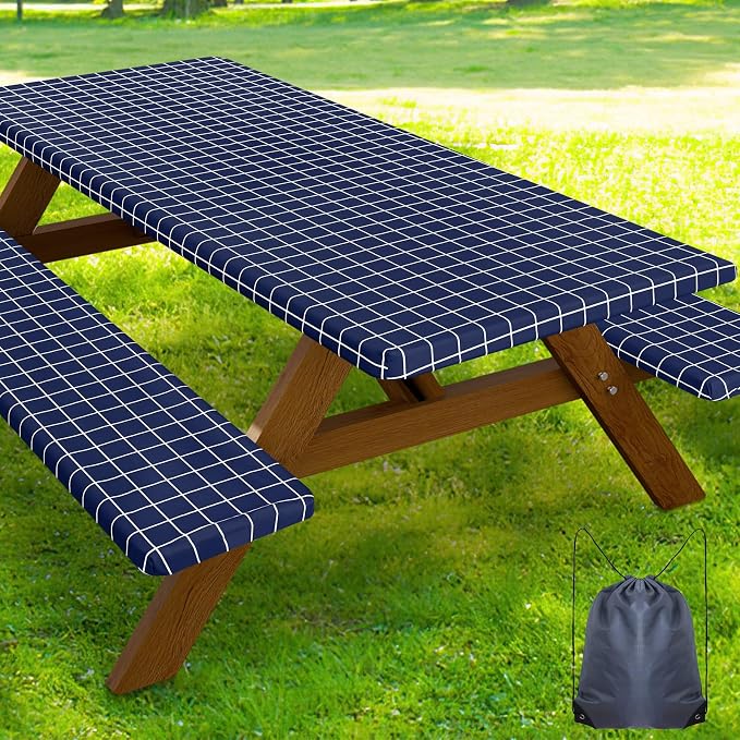 Smiry Picnic Table Cover with Bench Covers, Waterproof Elastic Fitted Tablecloth for 8 Foot Tables, Washable Polyester Tablecloths for Camping, Indoor & Outdoor (Navy & White, 30x96 Inch 3-pc Set)