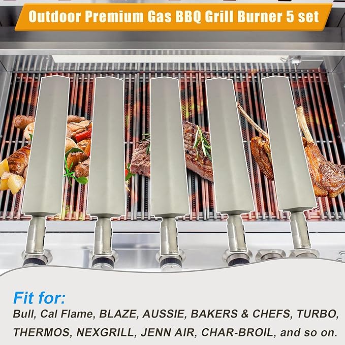 5 Pack Heavy Duty Cast Stainless Steel Grill Burners for Bull, Premium Outdoor BBQ Gas Grill Replacement Parts for Bull, Blaze, Cal Flame, Aussie, Grilljob, Turbo, Thermos, Nexgrill, etc.