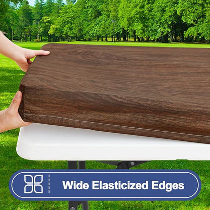 Smiry Picnic Table Cover with Bench Covers, Waterproof Elastic Fitted Tablecloth for 6 Foot Tables, Washable Polyester Tablecloths for Camping, Indoor & Outdoor (Brown, 30x72 Inch 3-pc Set)