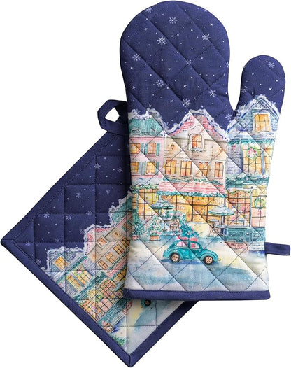 Maison d' Hermine 100% Cotton Oven Mitt & Pot Holder Set (7.5"x13" & 8"x8") | Heat Resistant BBQ Cooking Gloves with Loop Baking Kitchen Home Farmhouse Thanksgiving Christmas - Christmas Market - Blue