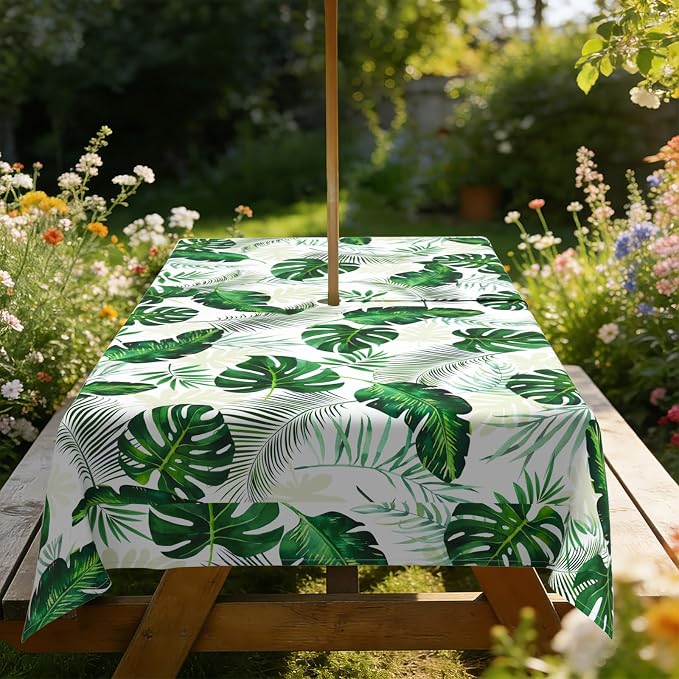 Outdoor Tablecloth with Umbrella Hole Elegant Zipper Patio Table Cloth for Outdoor Patio Garden Yard Decor
