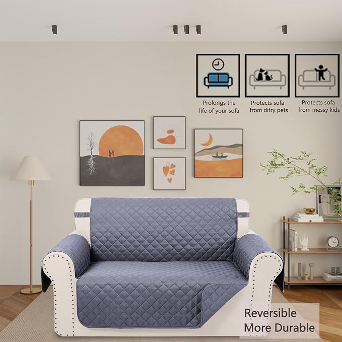 Reversible Loveseat Couch Sofa Covers, 2-Seater, Dark Grey | Loveseat Covers for Dogs Water Repellent, Friendly Furniture Protector with Elastic Straps for Living Room