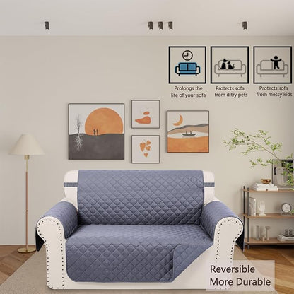 Reversible Loveseat Couch Sofa Covers, 2-Seater, Dark Grey | Loveseat Covers for Dogs Water Repellent, Friendly Furniture Protector with Elastic Straps for Living Room
