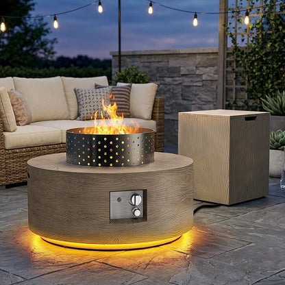 2-Piece Outdoor Propane Fire Pit Table Set w Tank Table 30'' Round Fire Pit Table w Wood Grain Firepit Table for Outside Patio Gas Fire Pit w 304 Stainless Steel Burner 50,000 BTU, Brown w Warm LED