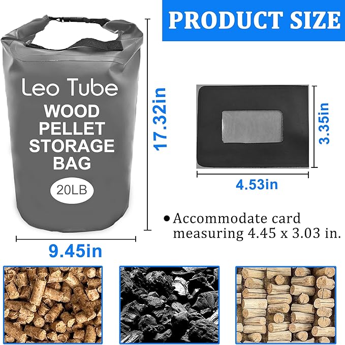 Heavy-Duty Wood Pellet Storage Bag, 20LB Waterproof Smoker Bag - 500D PVC Outdoor Storage Container with Buckle Seal, Label Pocket & Handles for BBQ, Grill, Pellet Smoker (Grey)
