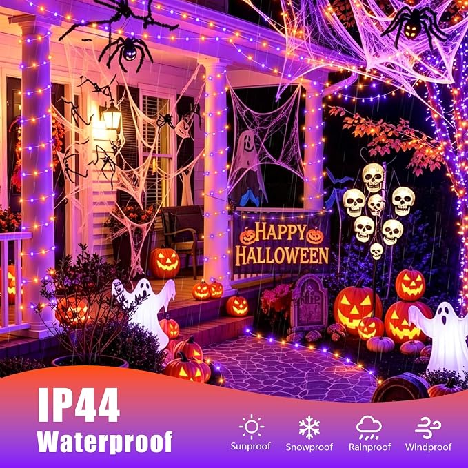 YEGUO 4 Pack Halloween Solar Fairy Lights, Each 33ft 100 LED Orange and Purple Christmas Lights Outdoor Waterproof, 8 Modes Sliver Wire Solar String Lights
