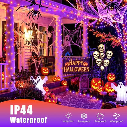 YEGUO 4 Pack Halloween Solar Fairy Lights, Each 33ft 100 LED Orange and Purple Christmas Lights Outdoor Waterproof, 8 Modes Sliver Wire Solar String Lights