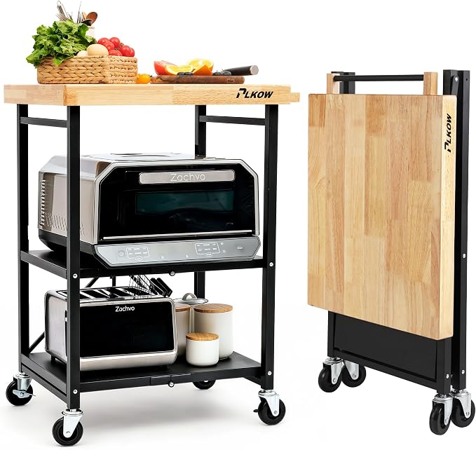 PLKOW Foldable 3-Tier Rolling Kitchen Cart with Solid Oak Top, Black | Solid oak top, fold-flat steel frame, 3-tier storage, and lockable swivel wheels for kitchens and compact spaces.