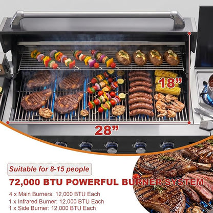 Outdoor Kitchen Island Barbecue Grill with Refrigerator & Rotisserie, Heavy-Duty Stainless Steel Freestanding Grills Station, Weather-Resistant Cooking Cabinet for Backyard & Summer Propane Gas