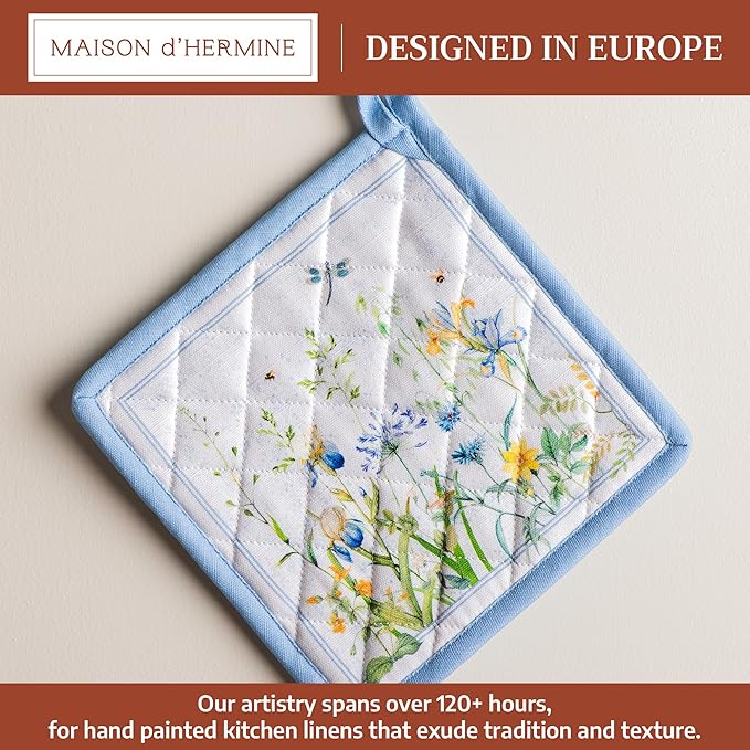Maison d' Hermine Pot Holders 100% Cotton Heat Resistant Potholders 8" x 8" Hot Pads with Loop BBQ Cooking Baking Hotel Farmhouse Kitchen Handling Hot Pans Spring Summer (Pack of 1, Fleurs De Mai)