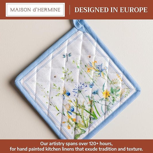 Maison d' Hermine Pot Holders 100% Cotton Heat Resistant Potholders 8" x 8" Hot Pads with Loop BBQ Cooking Baking Hotel Farmhouse Kitchen Handling Hot Pans Spring Summer (Pack of 1, Fleurs De Mai)