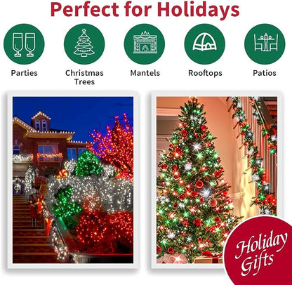 66ft Christmas Decorative Mini Lights, 200 LED Green Wire Fairy Starry String Lights Plug in, 16 Lighting Modes for Outdoor Xmas Tree Wedding Party Decoration (Red Green White)
