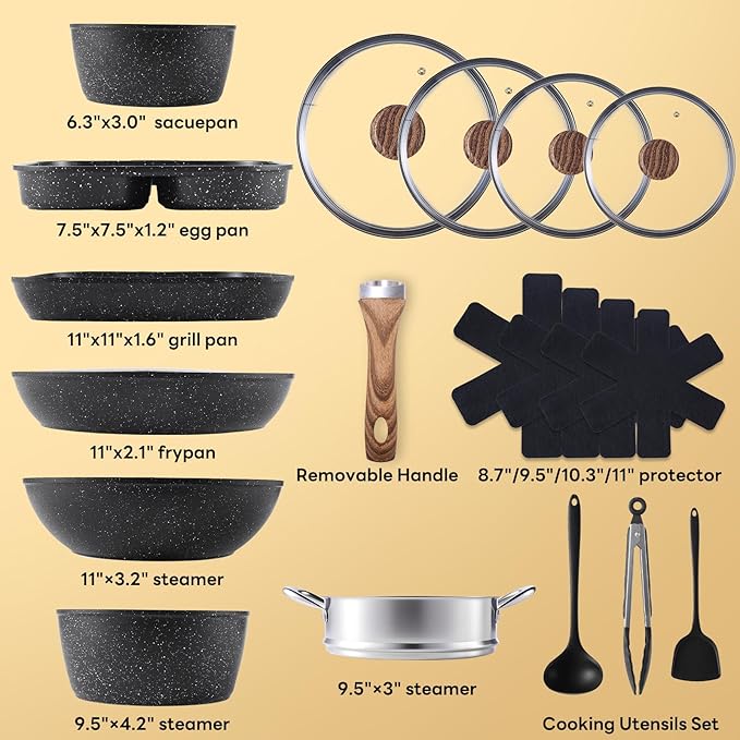 NEWBULIG 17-Piece Nonstick Cookware Set, Dishwasher Safe Non-Toxic Pots and Pans with Stay-Cool Handles, Induction Compatible Cookware, PFAS & PFOA-Free, Black