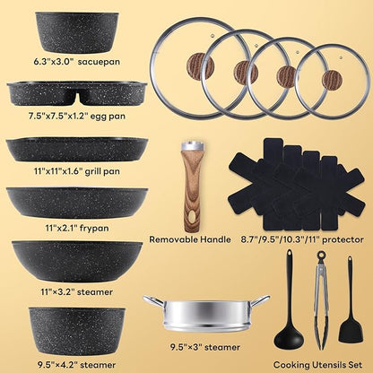 NEWBULIG 17-Piece Nonstick Cookware Set, Dishwasher Safe Non-Toxic Pots and Pans with Stay-Cool Handles, Induction Compatible Cookware, PFAS & PFOA-Free, Black