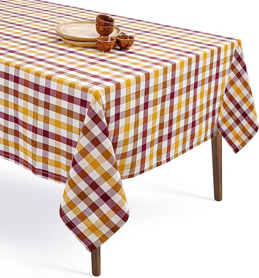 Gingham Check Tablecloth, 60"x84", 100% Cotton, Washable, Reusable Everyday Dining Table Linen Cover for Holidays, Parties, Burgundy Wine - Brown - Mustard Yellow & Natural Plaid