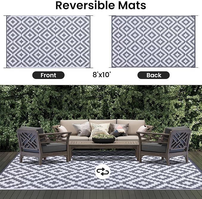 Smiry Outdoor Rug 8x10 ft Waterproof Reversible Boho Mat, White & Grey | Polypropylene Plastic Straw, Quick Drying, Lightweight Foldable, for Patio, Deck, RV Camping, Backyard and Indoor Outdoor Use