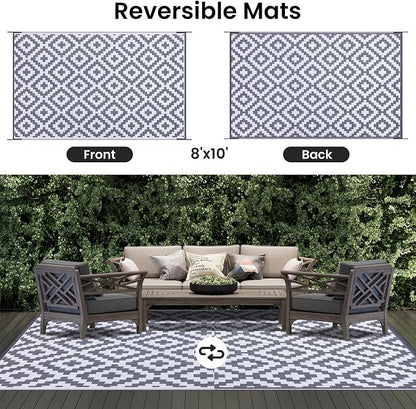 Smiry Outdoor Rug 8x10 ft Waterproof Reversible Boho Mat, White & Grey | Polypropylene Plastic Straw, Quick Drying, Lightweight Foldable, for Patio, Deck, RV Camping, Backyard and Indoor Outdoor Use