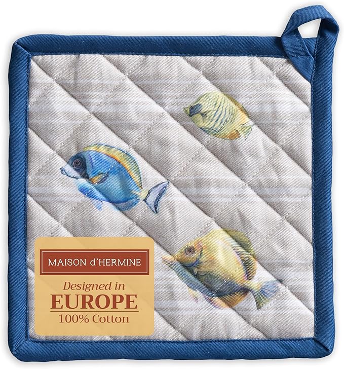 Maison d' Hermine Pot Holders 100% Cotton Heat Resistant Potholders 8" x 8" Hot Pads with Loop BBQ Cooking Baking Hotel Farmhouse Kitchen Handling Hot Pans Spring Summer (Pack of 1, Poisson)