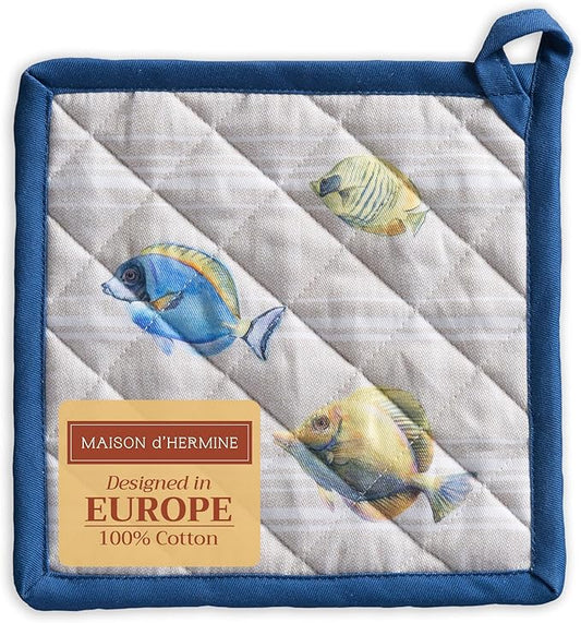 Maison d' Hermine Pot Holders 100% Cotton Heat Resistant Potholders 8" x 8" Hot Pads with Loop BBQ Cooking Baking Hotel Farmhouse Kitchen Handling Hot Pans Spring Summer (Pack of 1, Poisson)