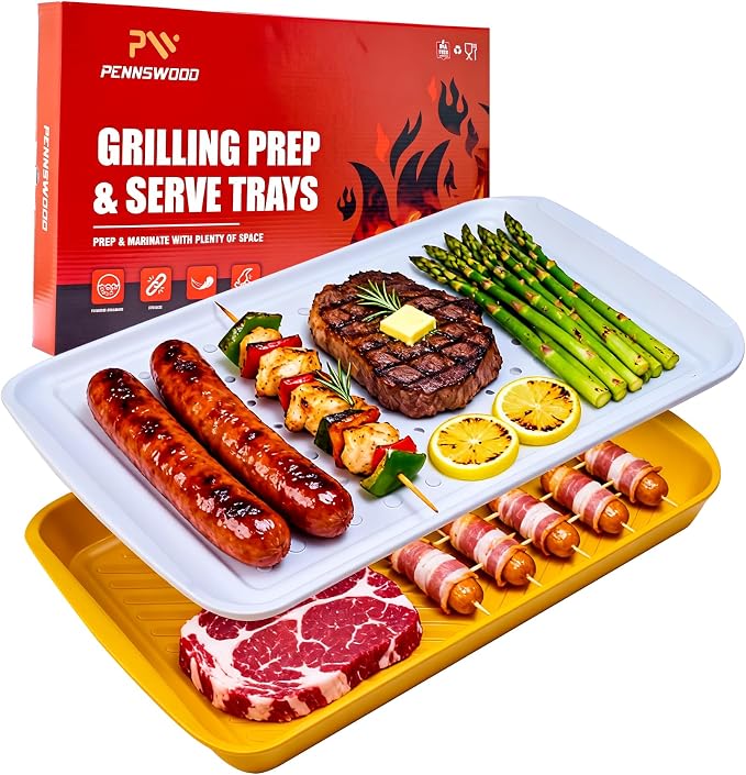Grill Prep Trays Set of 2, Grill Tray for BBQ Meat Prep, Marinating & Serving, Large Melamine Grilling Prep and Serve Trays with Deep Raised Edges, Outdoor Grill Serving Tray, BPA Free