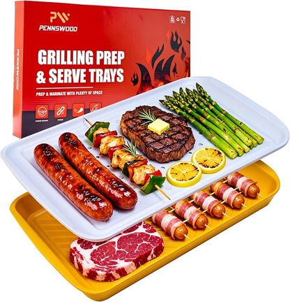 Grill Prep Trays Set of 2, Grill Tray for BBQ Meat Prep, Marinating & Serving, Large Melamine Grilling Prep and Serve Trays with Deep Raised Edges, Outdoor Grill Serving Tray, BPA Free
