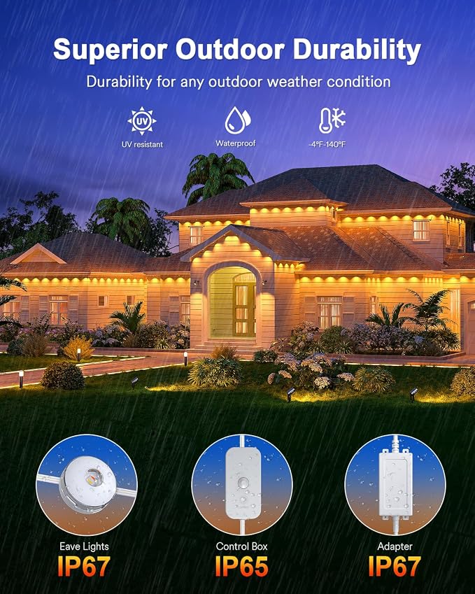 Lumary Permanent Outdoor Lights Max 158FT with 120 LED Eave Lights RGBAICW | 7200LM, IP67 Waterproof, Patio & Backyard Lighting, Pool Parties, DIY Scene Modes, Works with Alexa & Google Assistant