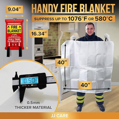 JJ CARE Fire Blanket – 3 Packs with Hooks – 40” x 40” Fire Blankets Emergency for Home and Kitchen, High Heat Resistant and Flame Protection for Kitchen, Car, Office, Camping & Home Safety