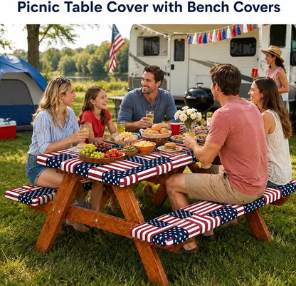 Emwwat Picnic Table Cover with Bench Covers, Waterproof Elastic Corner Fitted Tablecloth for 6 Foot Rectangle Tables, Washable Camping Table Cover Set for Picnic Outdoor BBQ (Red, 72in)