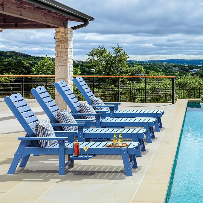 YITAHOME Outdoor Chaise Lounge Chair Set of 4 with Adjustable Backrest, Heavy Duty Resin Patio Lounger with Retractable Tray, 350lbs Capacity Waterproof for Outside Poolside Beach Backyard, Dark Blue