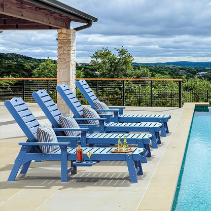 YITAHOME Outdoor Chaise Lounge Chair Set of 4 with Adjustable Backrest, Heavy Duty Resin Patio Lounger with Retractable Tray, 350lbs Capacity Waterproof for Outside Poolside Beach Backyard, Dark Blue