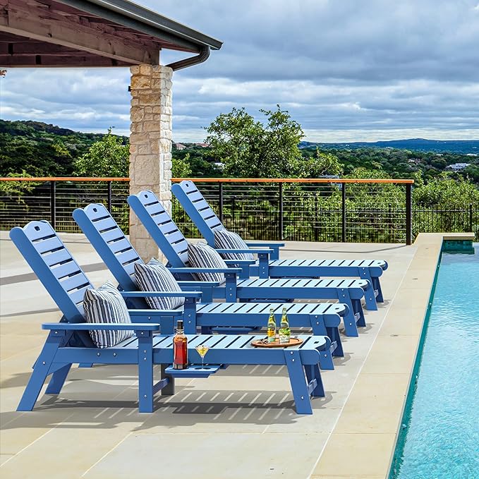 YITAHOME Outdoor Chaise Lounge Chair with Adjustable Backrest, Heavy Duty Resin Patio Lounger with Retractable Tray, 350lbs Capacity Waterproof for Outside Poolside Beach Backyard, Dark Blue